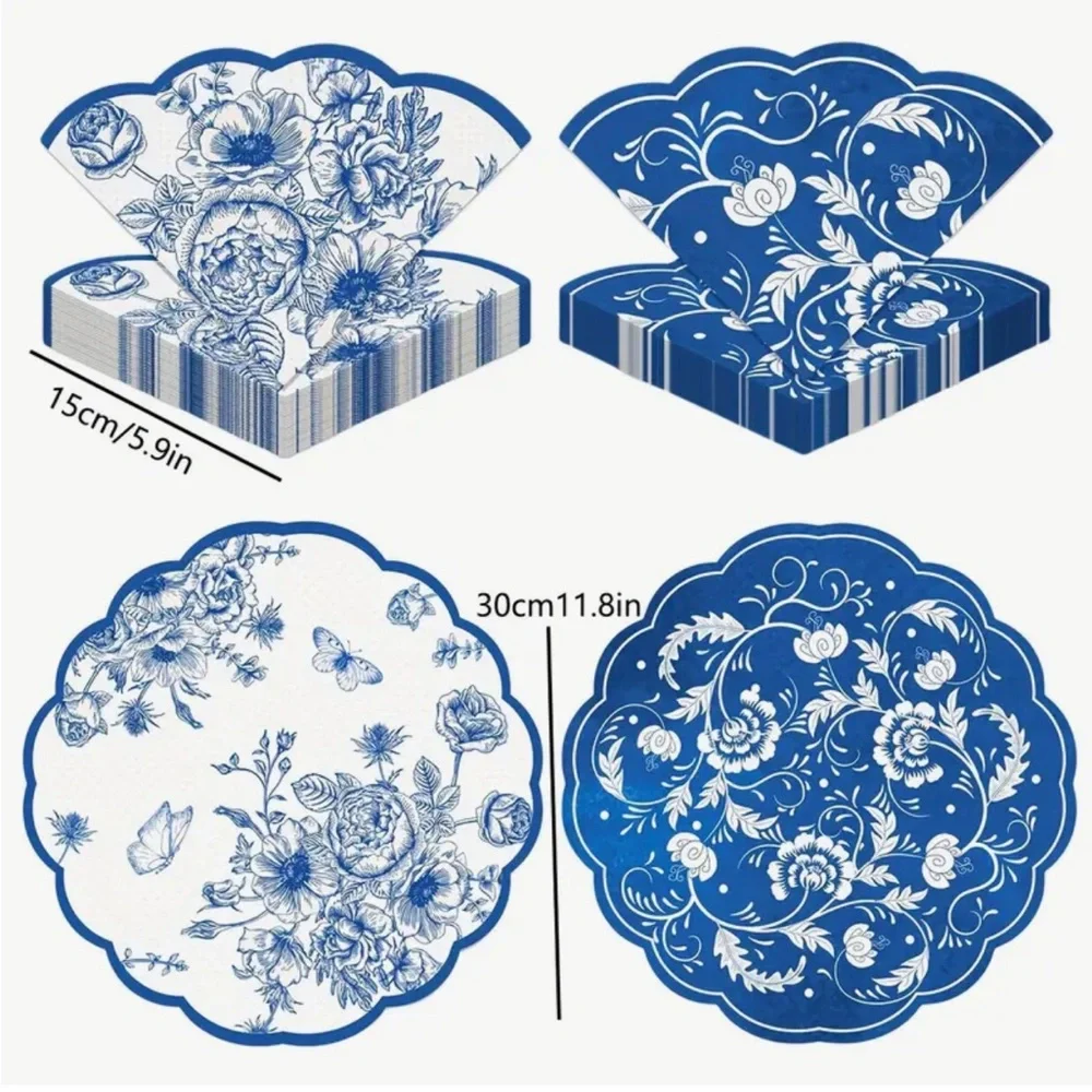 Blue and White Floral Scalloped Paper Napkins, 20ct